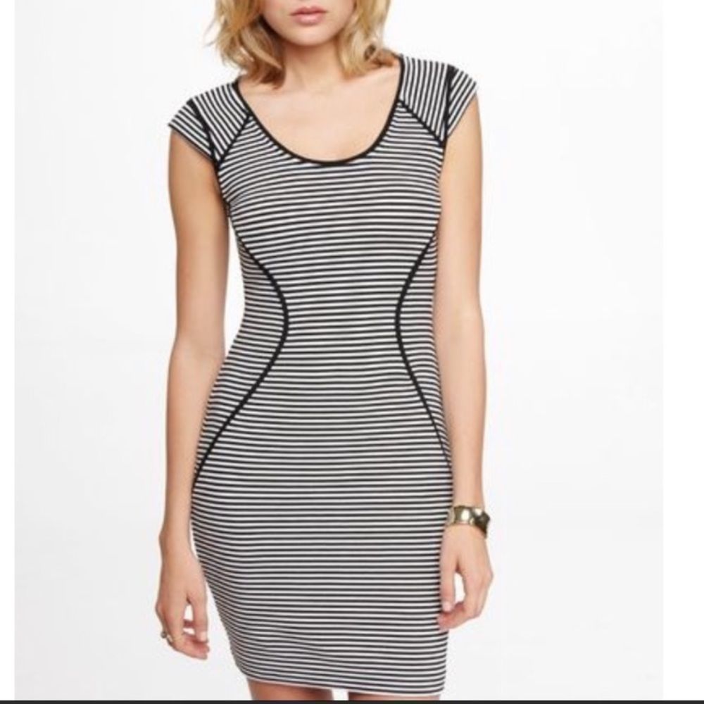 Express Dress Black White Size 12 Large Womens Stretch Striped Work Business